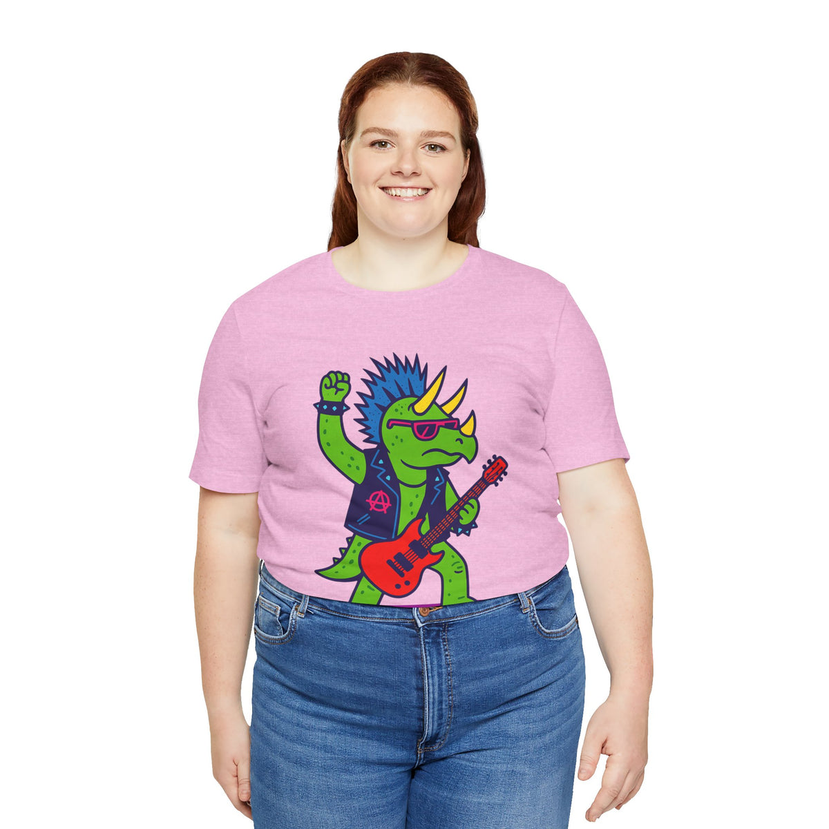 Heather pink crewneck t-shirt featuring a punk triceratops with red electric guitar graphic