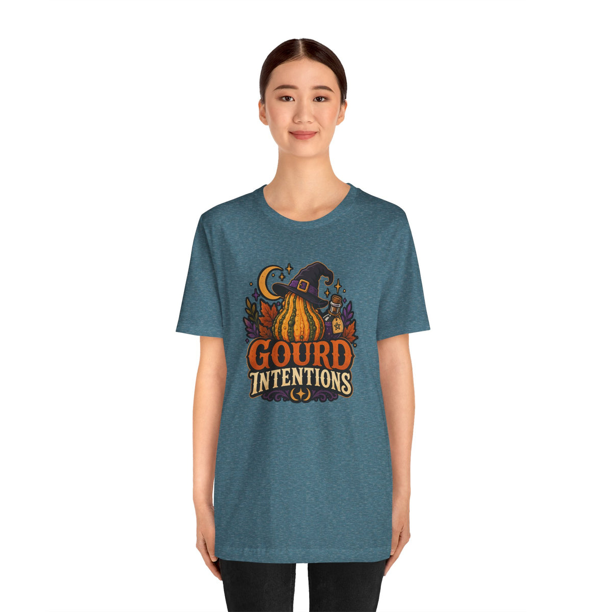 Heather deep teal crewneck t-shirt with witchy pumpkin “Gourd Intentions” graphic on chest