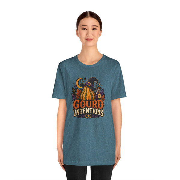 Heather deep teal crewneck t-shirt with witchy pumpkin “Gourd Intentions” graphic on chest