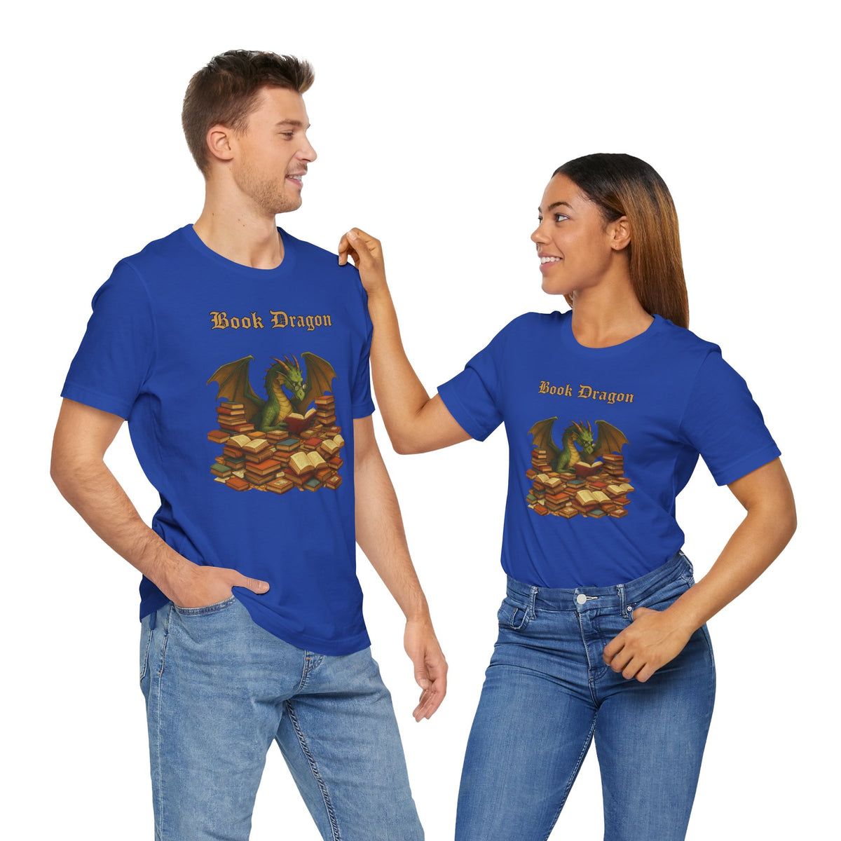 Royal blue matching t-shirts with dragon and books graphic, two people wearing