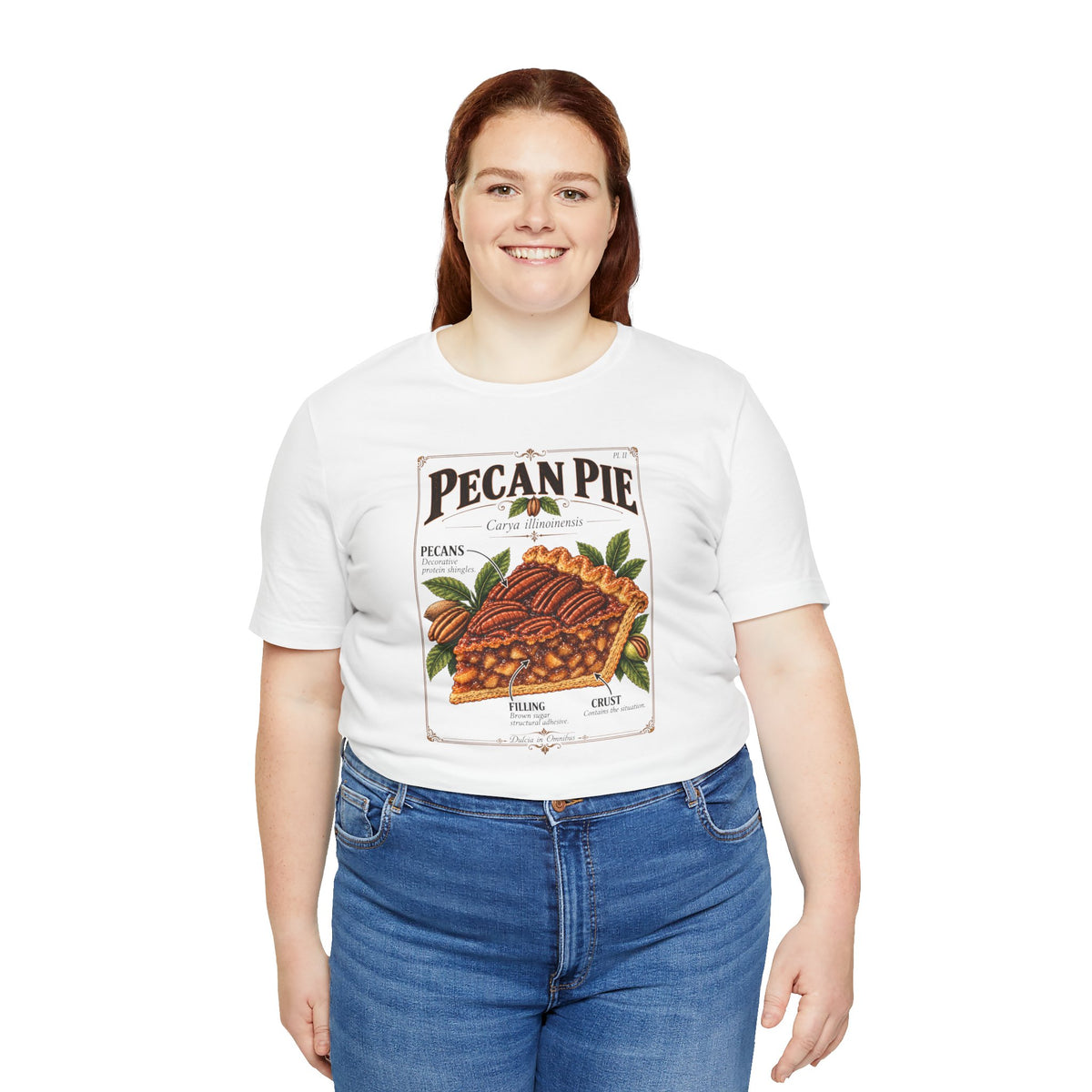 White crew-neck T-shirt with square vintage pie print centered on the front.