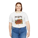 White crew-neck T-shirt with square vintage pie print centered on the front.