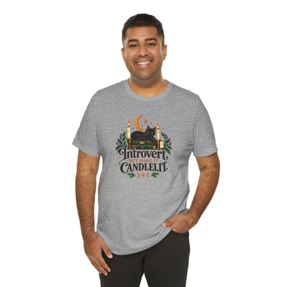 Introvert But Make It Candlelit T-shirt - Witchy Bookish Cat Tee