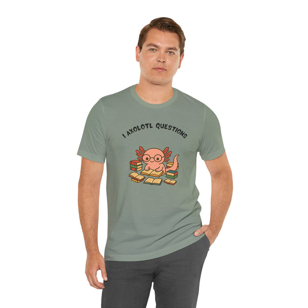 Olive green crew-neck T-shirt with colorful axolotl reading graphic on front