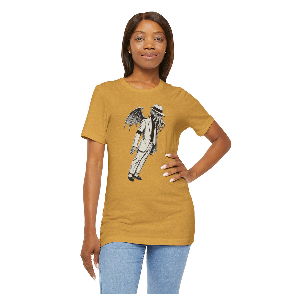 Mustard crew-neck t-shirt with gray monster graphic print on the front