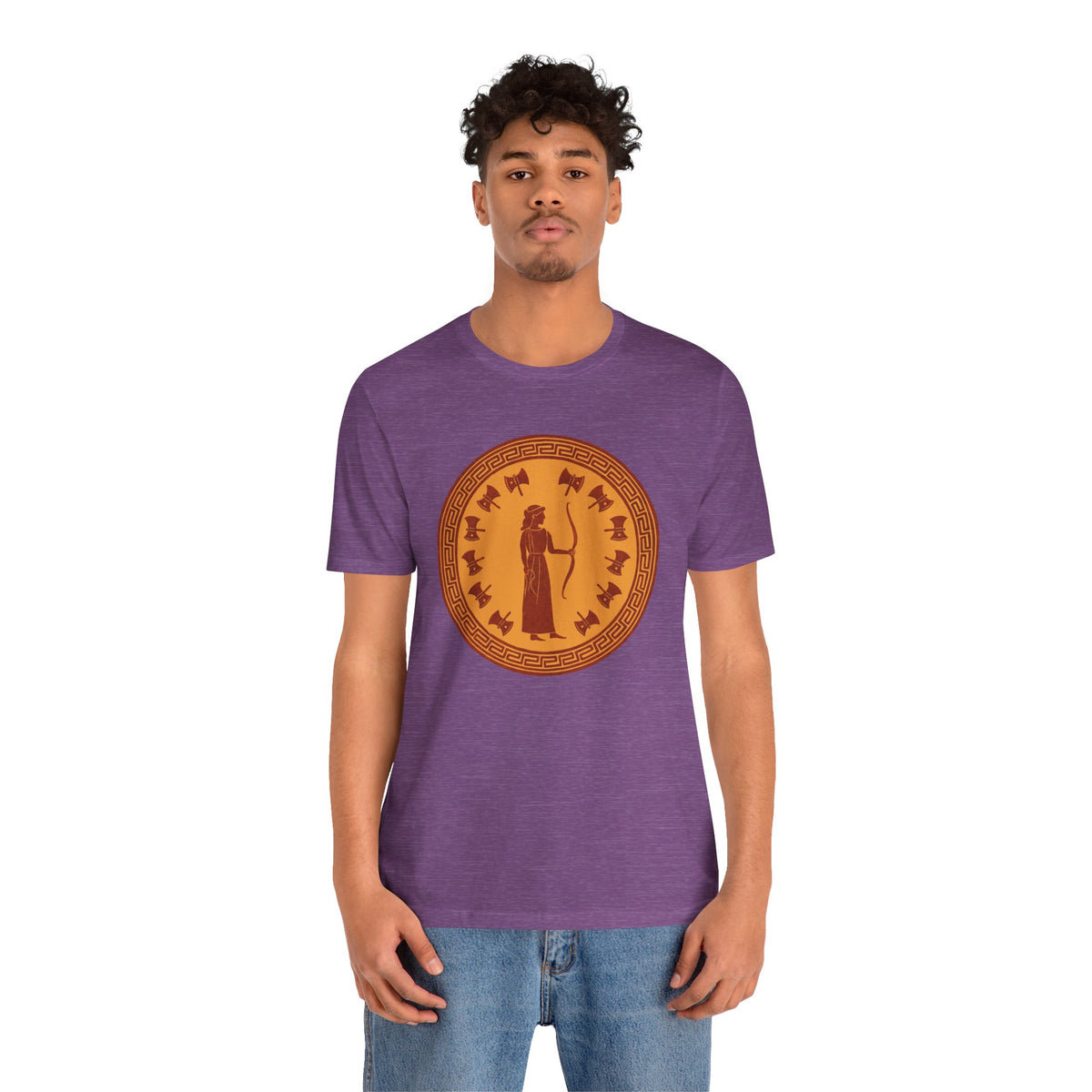 Heather purple crew-neck t-shirt worn by male model, orange circular chest print
