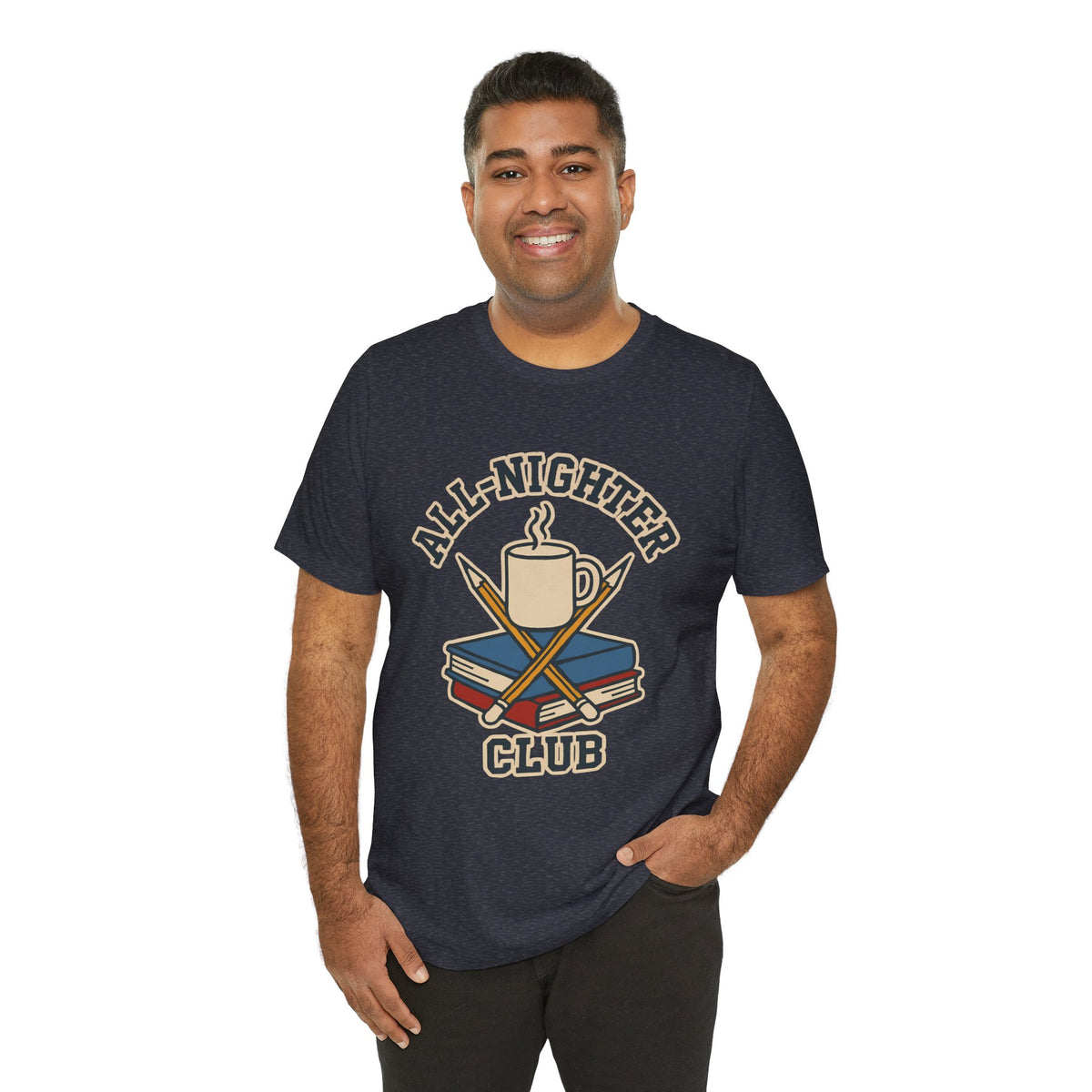 Dark heather crew-neck T-shirt on model with 'All-Nighter Club' coffee cup emblem.