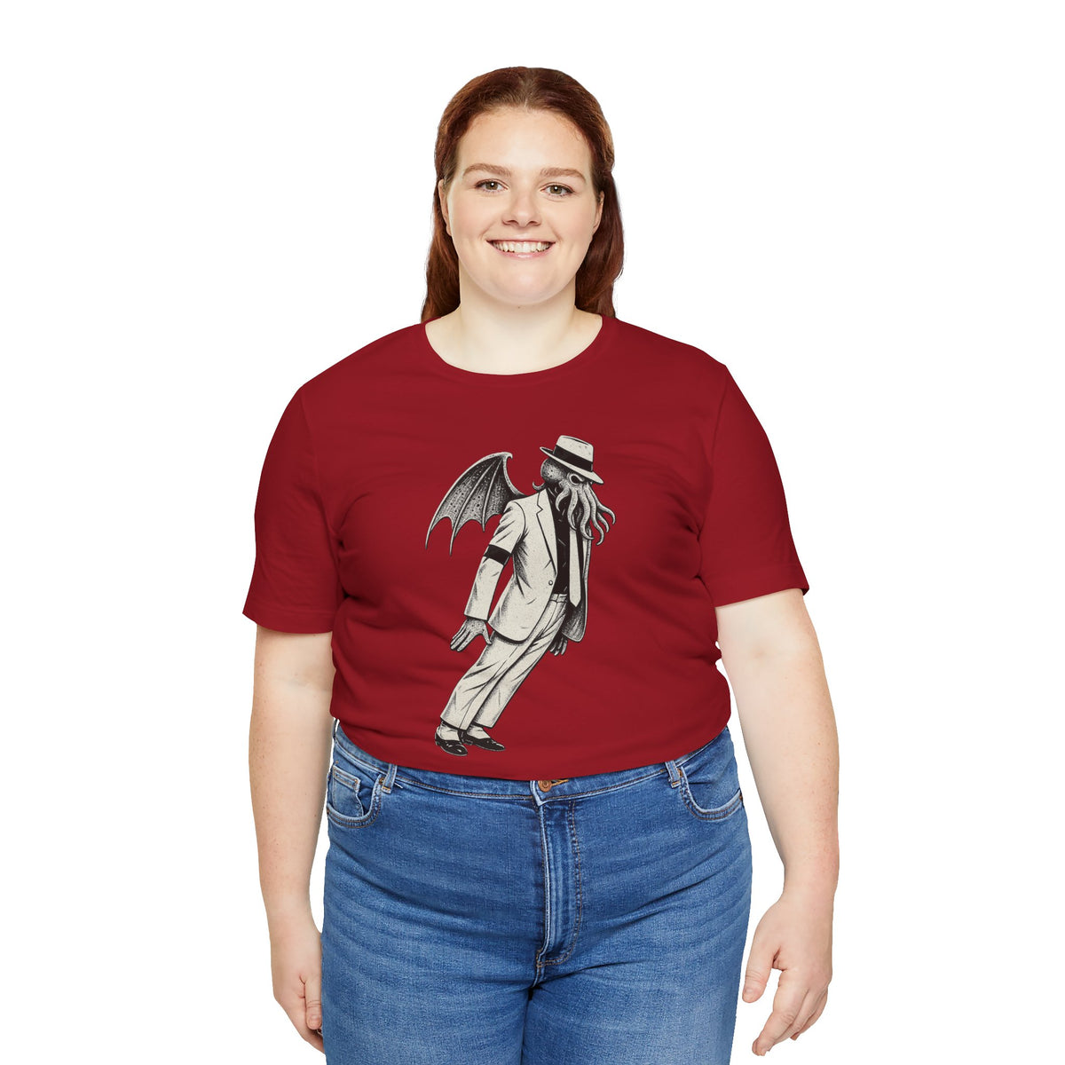 Red crewneck t-shirt with grey Cthulhu-style front graphic print, short sleeves