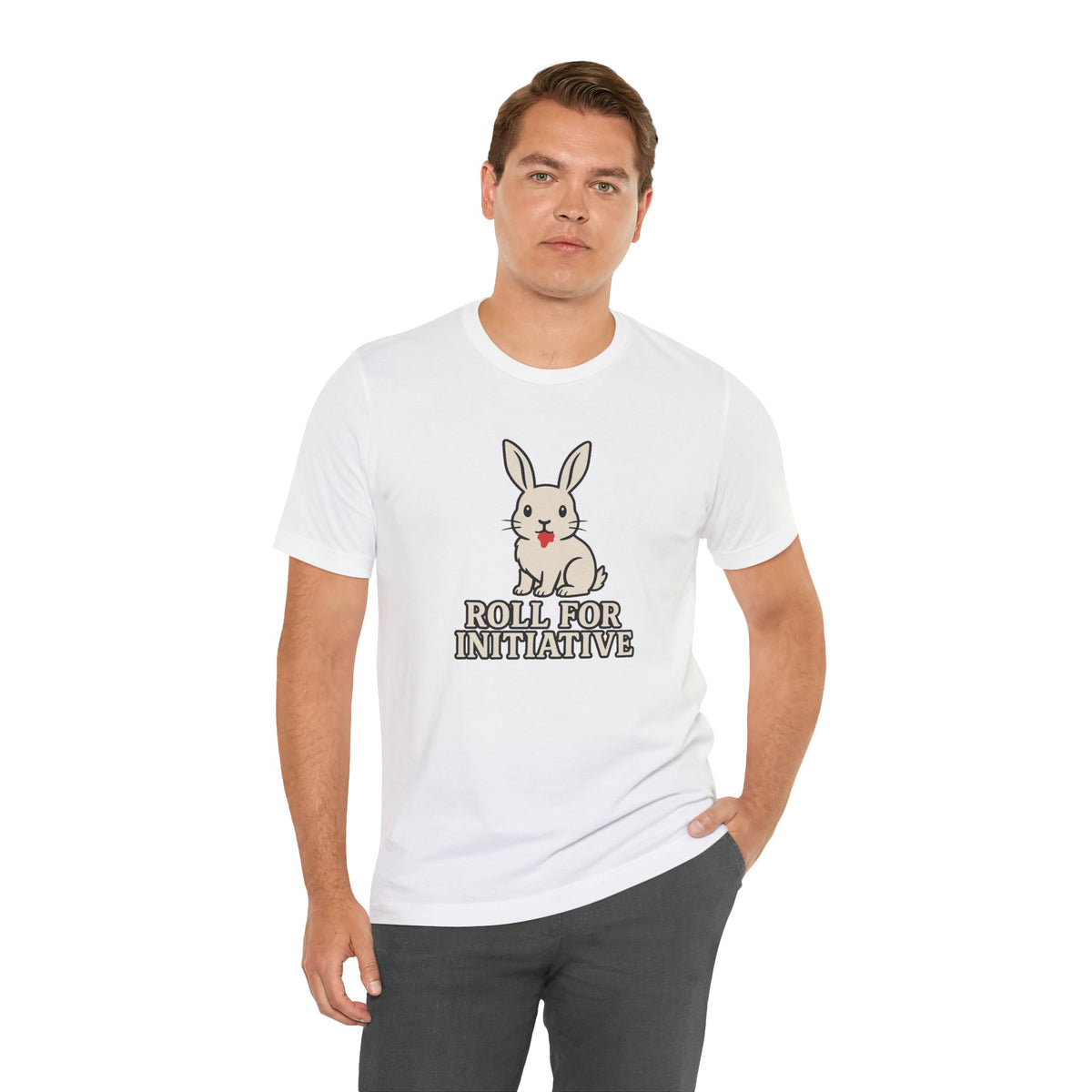 White crew-neck T-shirt with bunny character and “ROLL FOR INITIATIVE” design