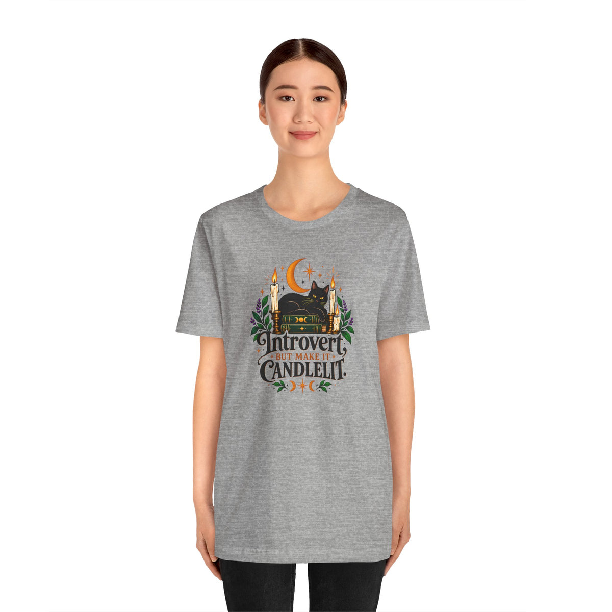 Introvert But Make It Candlelit T-shirt - Witchy Bookish Cat Tee