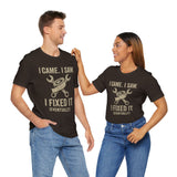 Black T-shirt with tools graphic and 'I fixed it (eventually)' front text