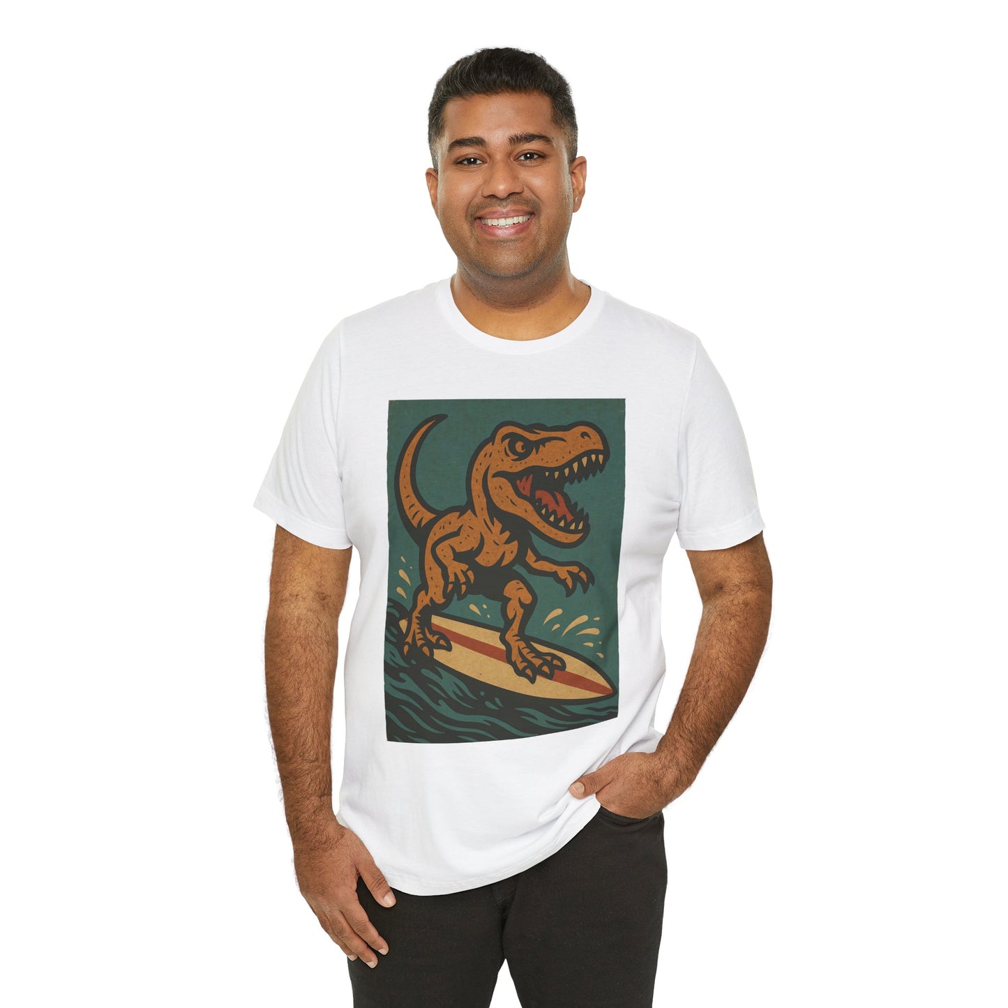 Surfing T-Rex T-Shirt – Funny Dinosaur Graphic Tee for Summer Vibes - WhimSpin - https://whimspin.com