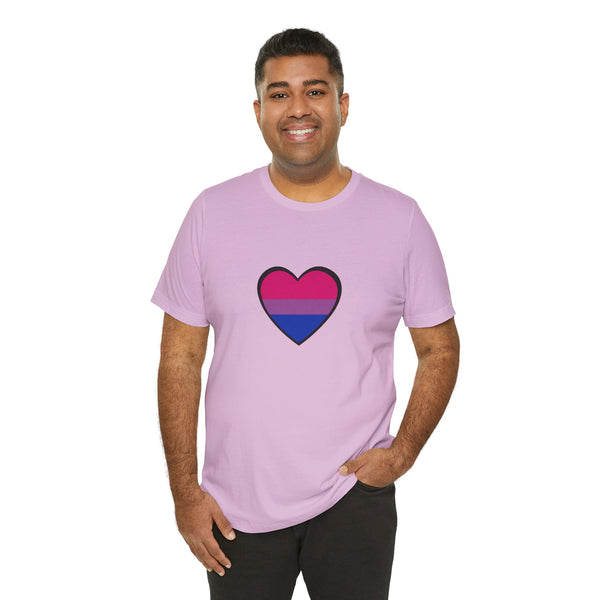 Purple crew-neck T-shirt with centered black-outlined heart Pride flag graphic