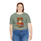 Sage green crew-neck short-sleeve T-shirt with colorful pumpkin spice chat print
