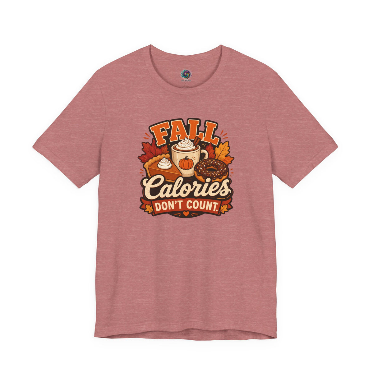 Fall Calories Don't Count t-shirt, heather salmon crew neck, front 'FALL Calories' print