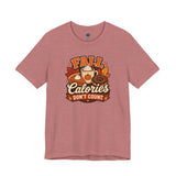 Fall Calories Don't Count t-shirt, heather salmon crew neck, front 'FALL Calories' print