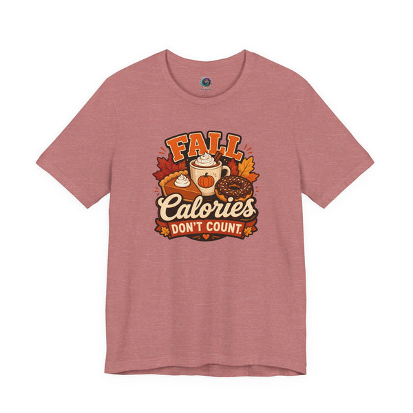 Fall Calories Don't Count t-shirt, heather salmon crew neck, front 'FALL Calories' print