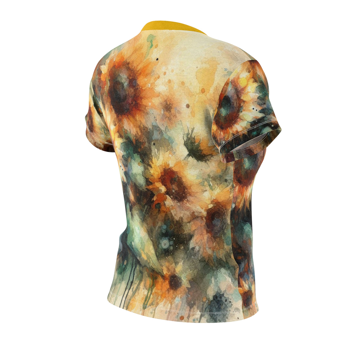 Watercolor floral print T-shirt back view with yellow crew neck trim and short sleeves