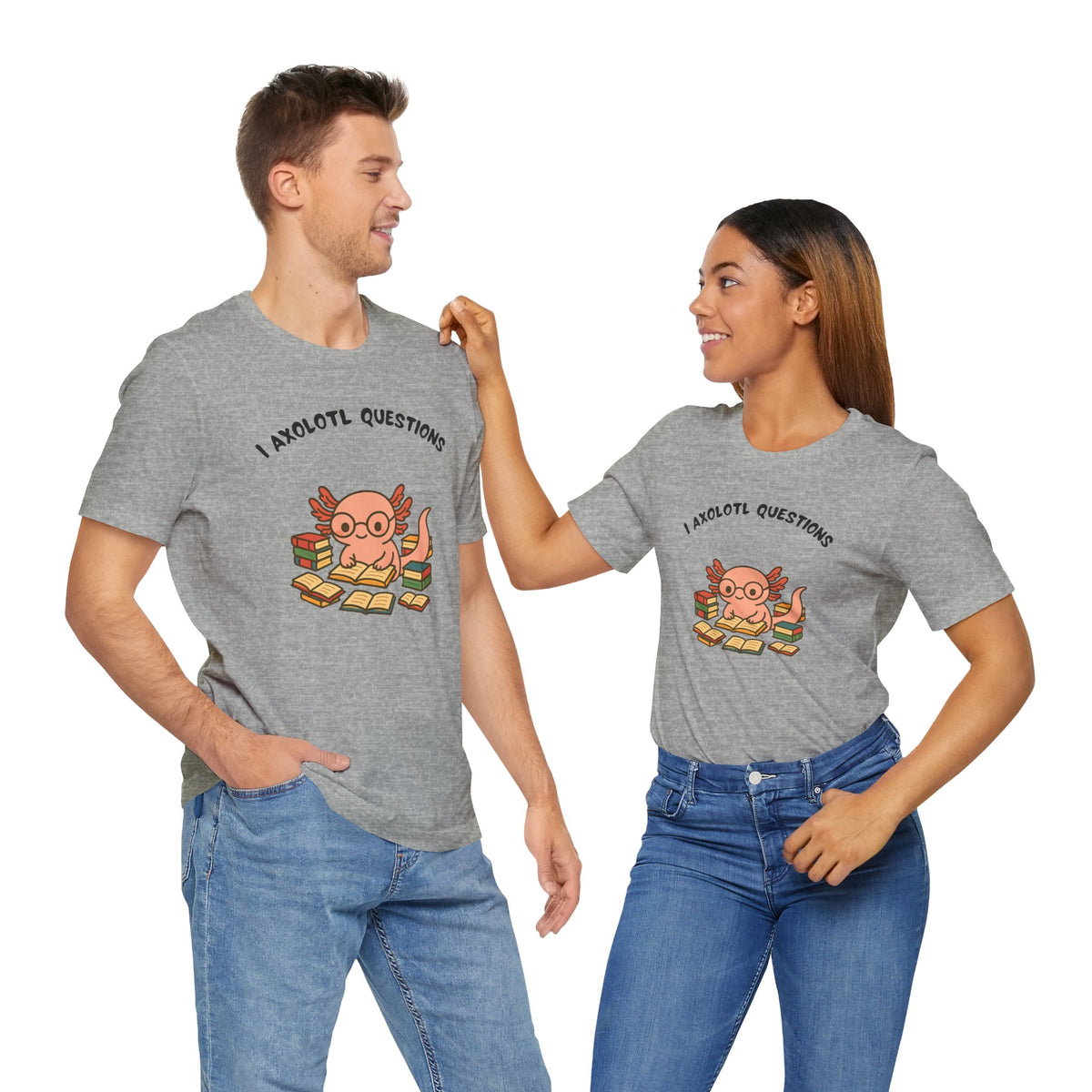 Heather gray crewneck T-shirt with axolotl reading book graphic