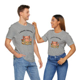 Heather gray crewneck T-shirt with axolotl reading book graphic