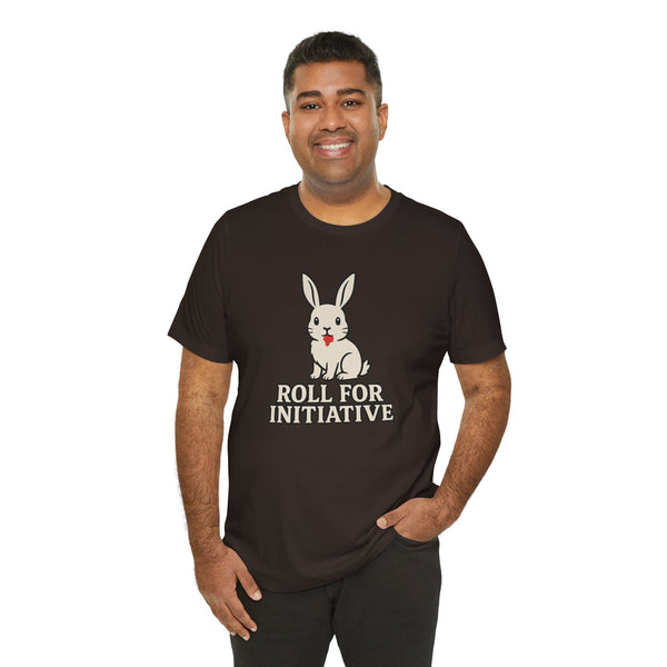 Black crew-neck T-shirt worn by man with rabbit graphic and "Roll for Initiative" text