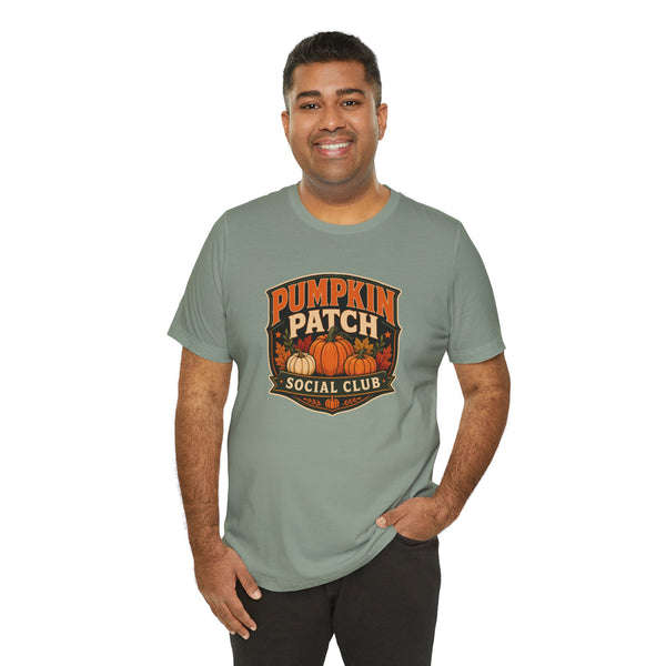 Heather green crew-neck T-shirt with Pumpkin Patch Social Club logo graphic