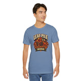 Light blue crew-neck t-shirt with front autumn leaf “Recovery Mode” graphic