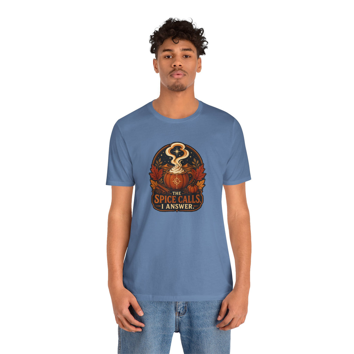 Blue T-shirt with center "The Spice Calls I Answer" fall pumpkin spice graphic