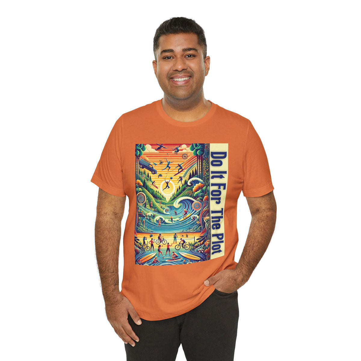 Orange crewneck T-shirt with colorful square graphic and vertical “Do it for the Plot” text