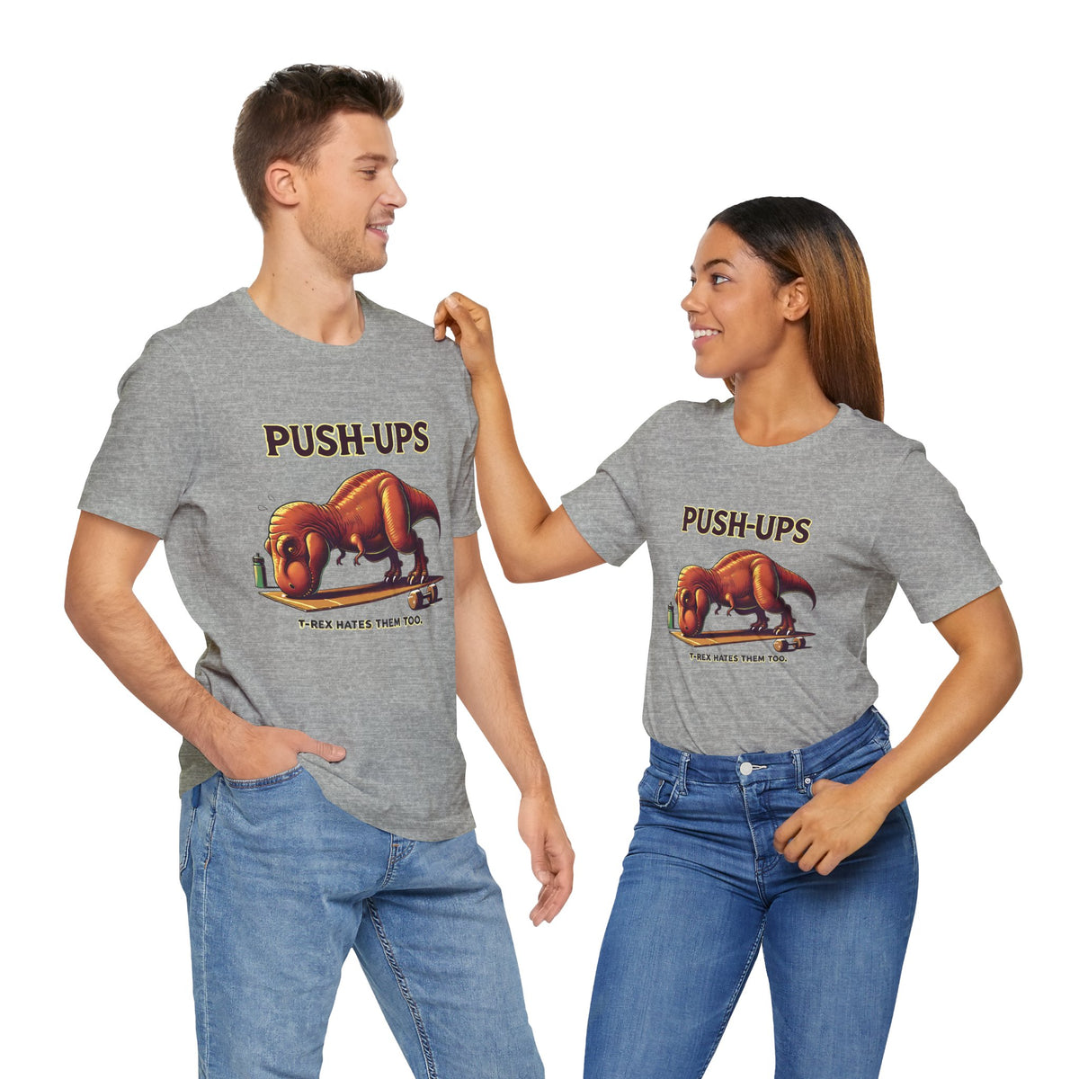 Heather gray crew-neck graphic T-shirt with T-Rex “Push-ups” workout print