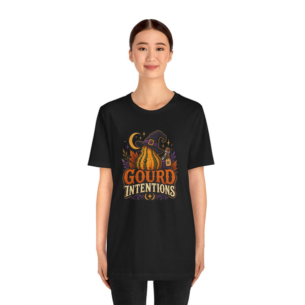 Black crewneck T-shirt, front view, with “Gourd Intentions” witchy pumpkin graphic