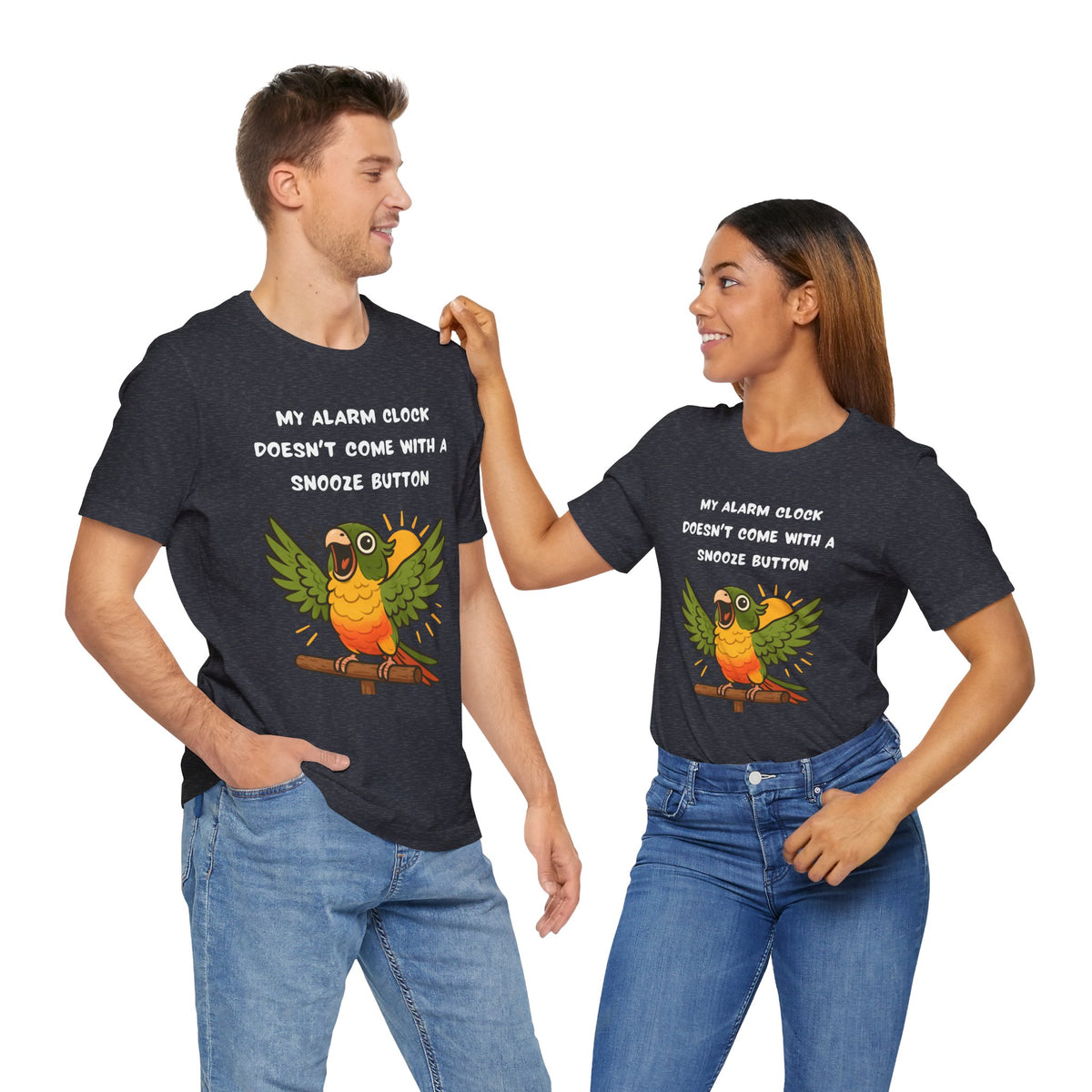 Couple wearing dark heather T-shirts with parrot graphic and slogan 'My alarm clock...snooze button'