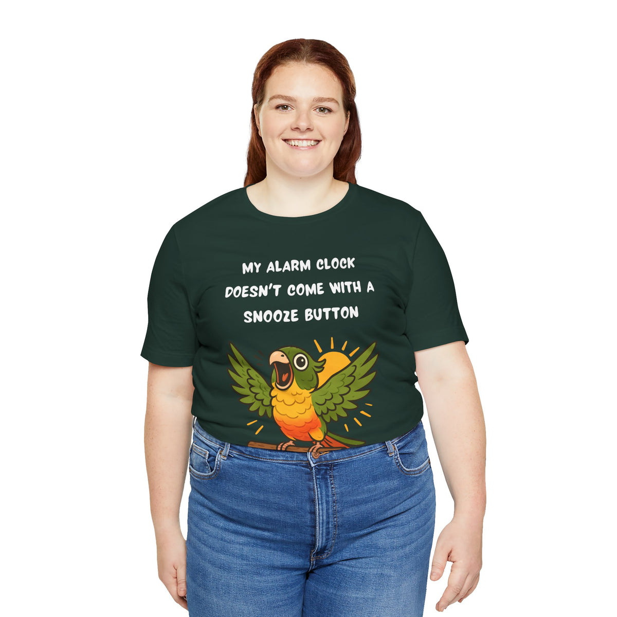 Dark green parrot alarm T-shirt on female model, front text and colorful bird graphic