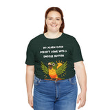 Dark green parrot alarm T-shirt on female model, front text and colorful bird graphic