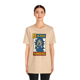 Beige short-sleeve T-shirt with “B is for Banshee” Halloween graphic on the chest