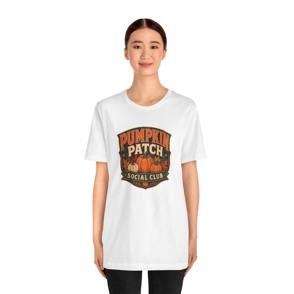 White crew-neck T-shirt with “Pumpkin Patch Social Club” pumpkin graphic chest print