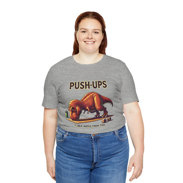 Heather gray crew-neck T-shirt with T-Rex “Push-ups” workout graphic
