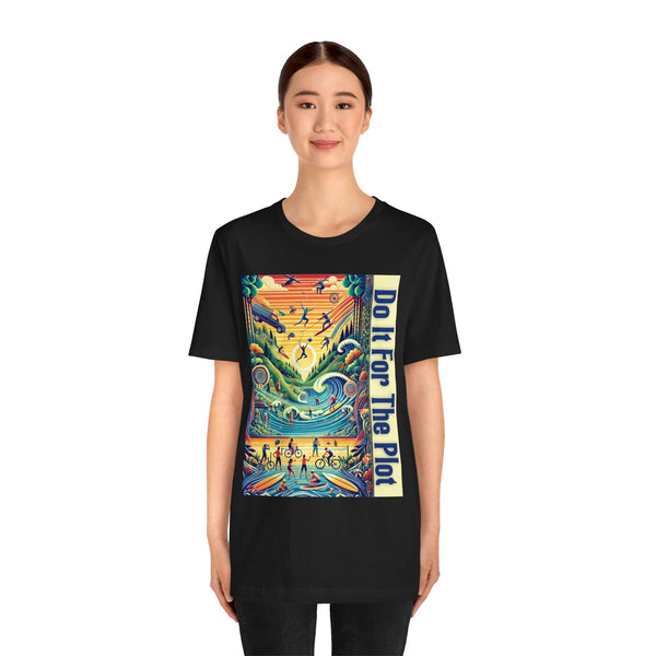 Black crew-neck graphic t-shirt with colorful game-scene print and vertical text panel