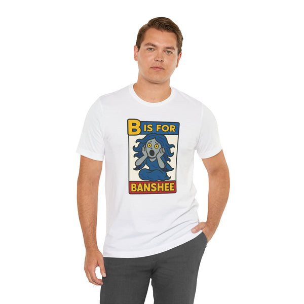 White T-shirt on male model, B is for Banshee front graphic square