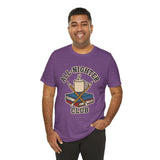 Purple crew-neck t-shirt on model with 'All-Nighter Club' coffee and books print