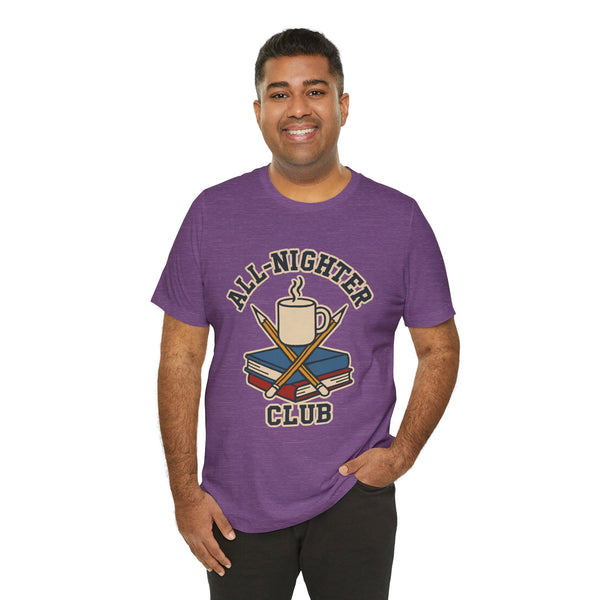 Purple crew-neck t-shirt on model with 'All-Nighter Club' coffee and books print