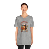 Heather gray crew-neck T-shirt with pumpkin spice self-care coffee graphic on chest