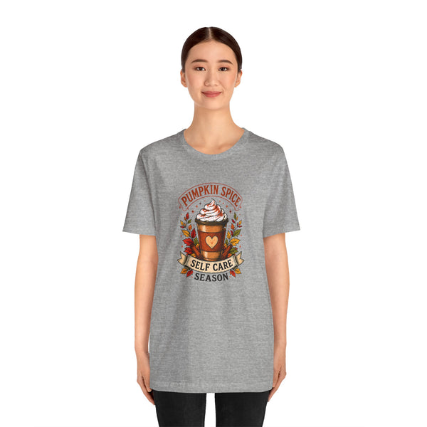 Heather gray crew-neck T-shirt with pumpkin spice self-care coffee graphic on chest