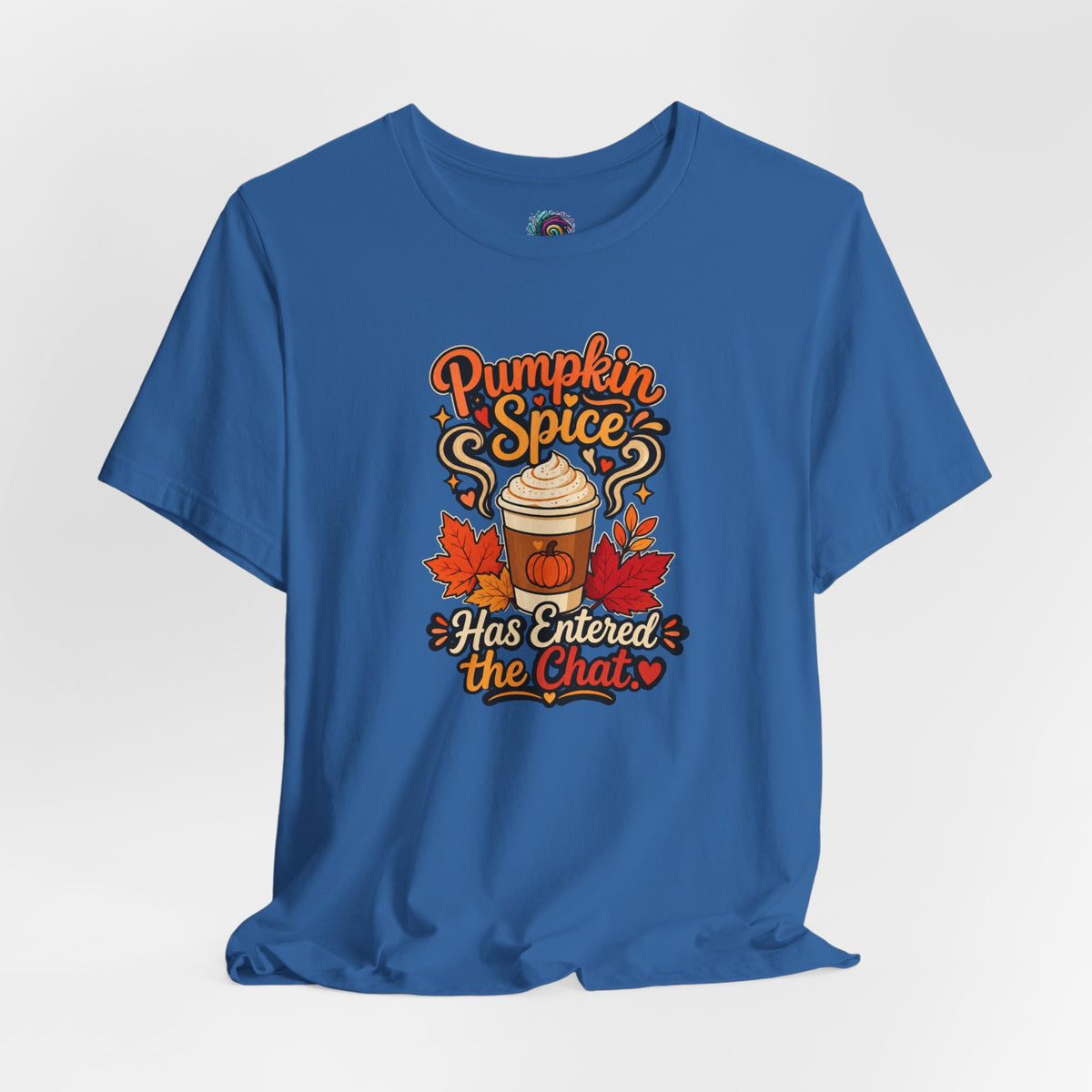 Blue T-shirt with Pumpkin Spice chat graphic, crew neck short sleeves