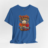 Blue T-shirt with Pumpkin Spice chat graphic, crew neck short sleeves