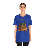 Royal blue t-shirt with dragon and stacked book graphic, front view on model