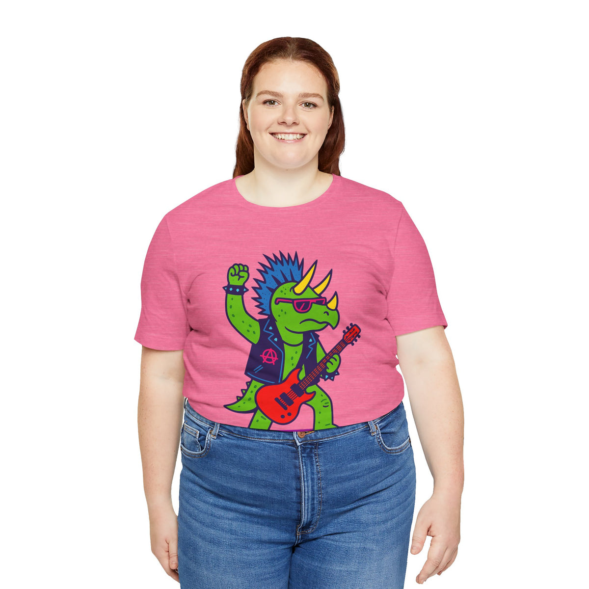 Pink crew-neck graphic T-shirt with punk triceratops and electric guitar illustration
