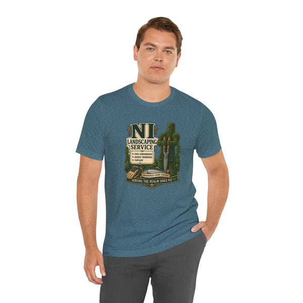 Blue-gray heather crew-neck T-shirt with NI Landscaping Service logo graphic
