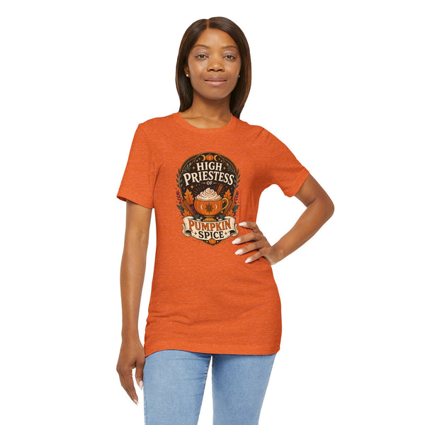 Orange crew-neck t-shirt with “High Priestess of Pumpkin Spice” logo graphic