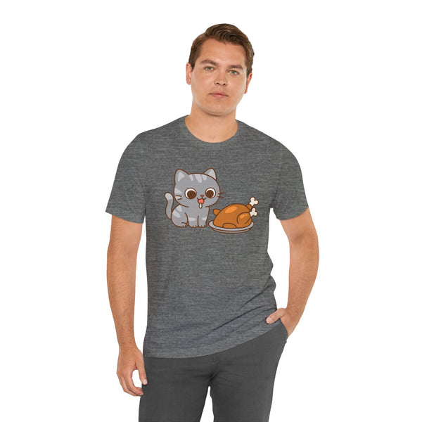 Heather gray crew-neck t-shirt with cute cat and turkey graphic on the chest